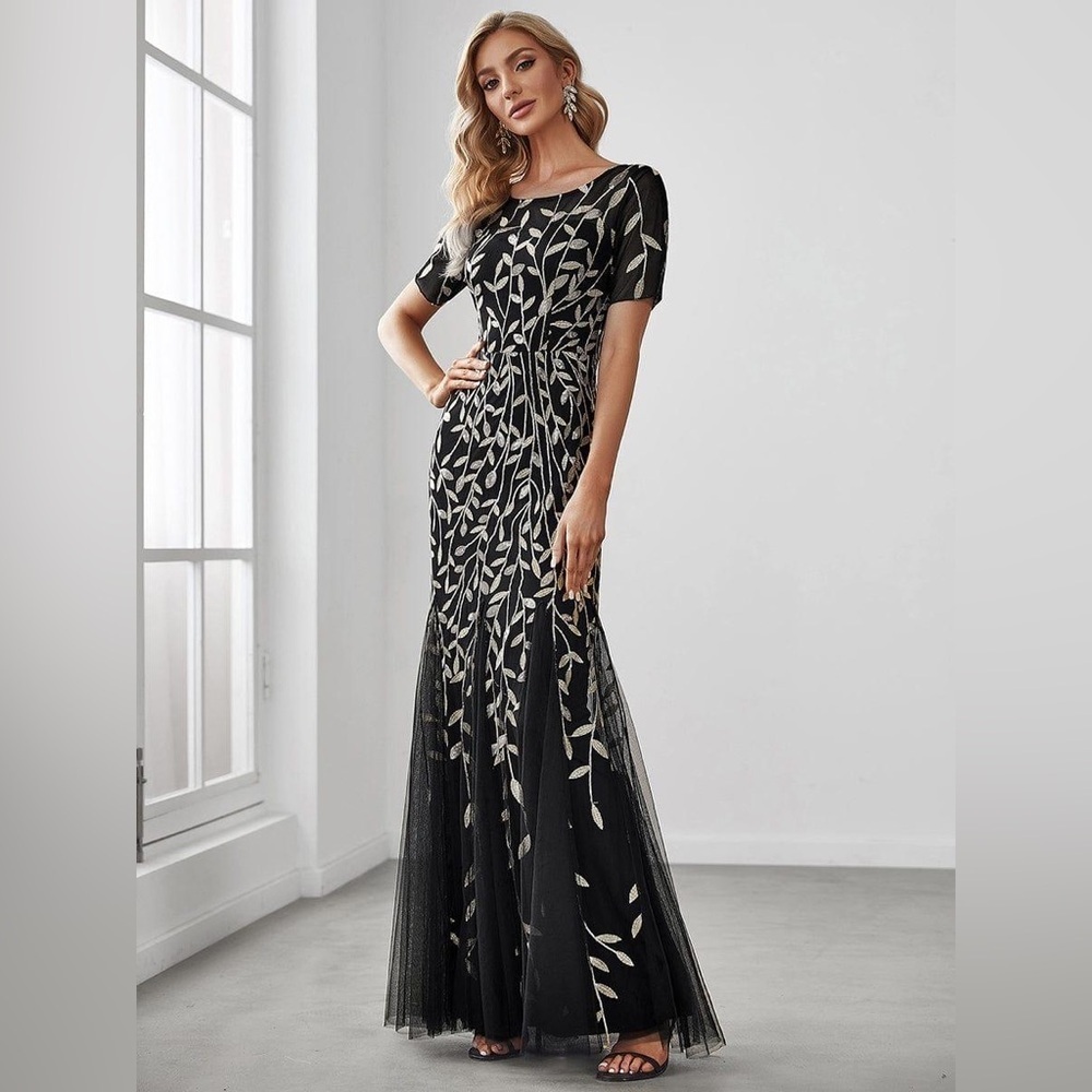 🆕 Floral Sequin Print Maxi Long Fishtail Formal Dresses With Half Sleeve